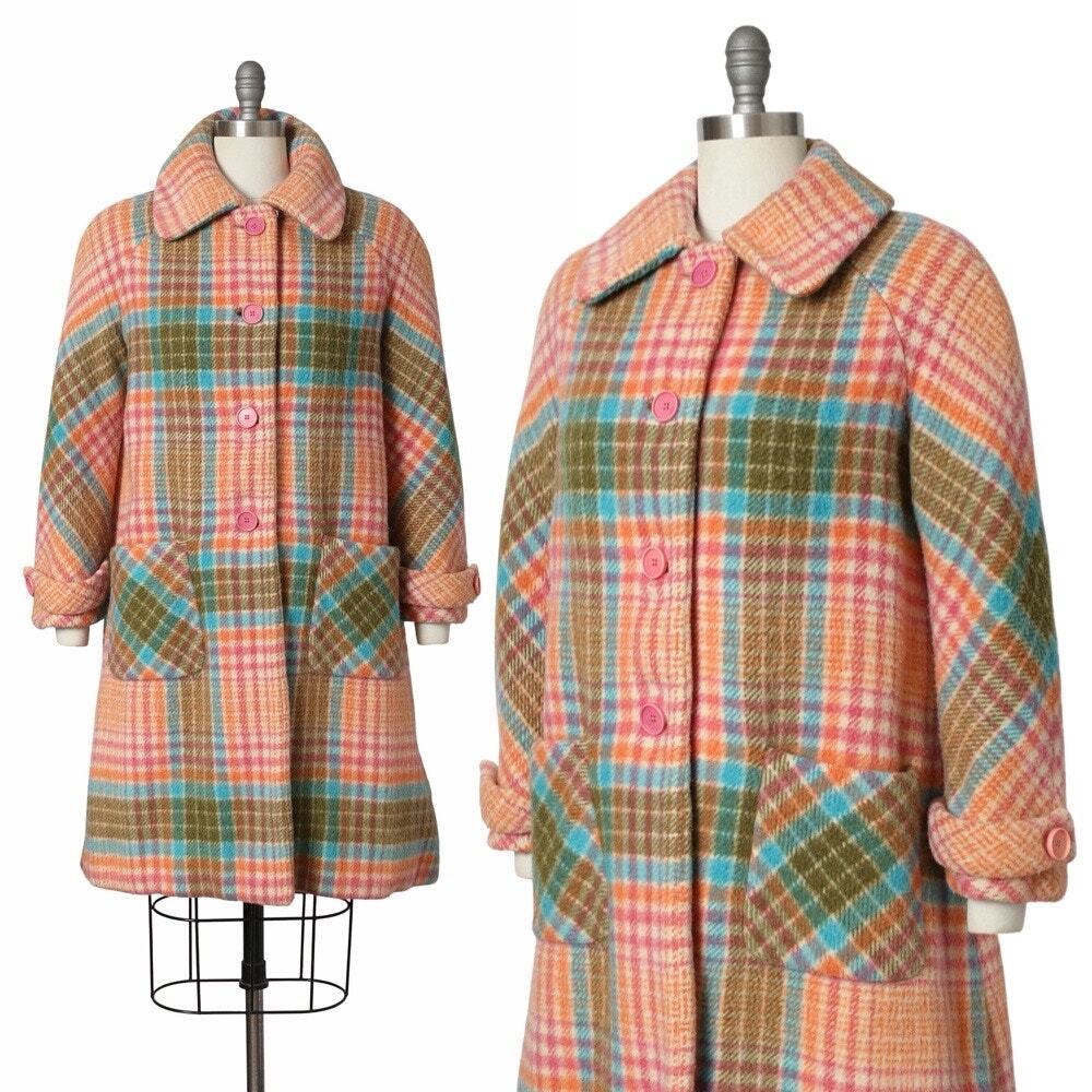 Vintage 1960s Coat 60s Colorful Plaid Wool Retro Overcoat
